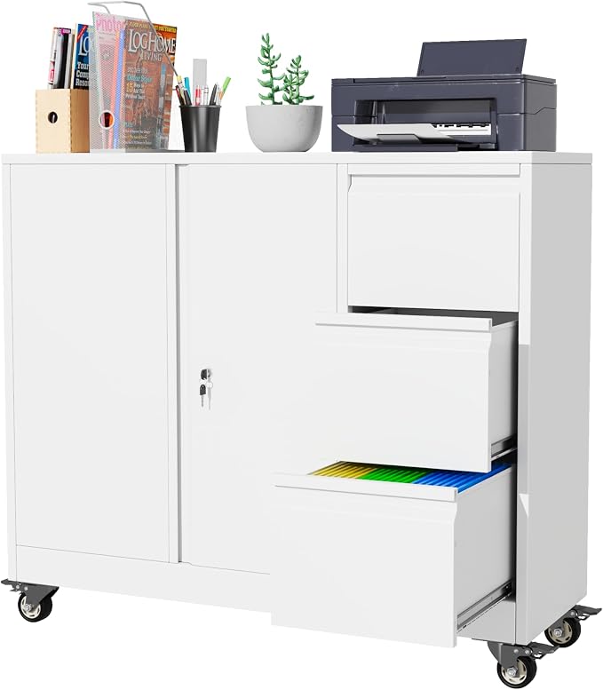 Mobile Large Lateral File Cabinet 3-Drawer,Home Office Rolling Filing Storage Cabinets with Lock & Wheels,Metal Printer Stand Office Storage A4,Letter Legal File Folders