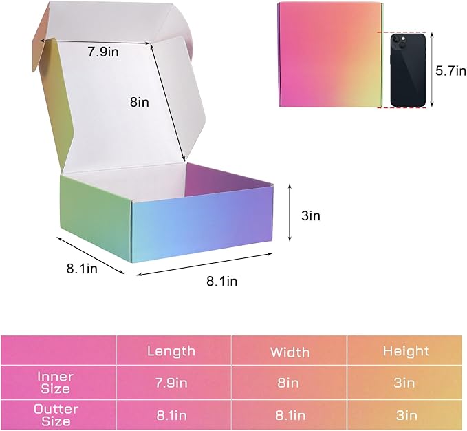 8x8x3 Shipping Boxes for Packaging, 30 Pack Rainbow Corrugated Cardboard Mailer Boxes for Small Business, Shipping, Mailing
