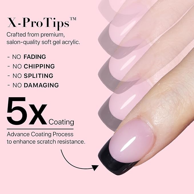 SXC Cosmetics French Tip Press On Nails 150 Pieces in 15 Sizes Ultra Fit with Pre-applied Tip Primer and Base Coat, No Need to File Fake Nails for Nail Art DIY X-Pro Tips (BLACK113-XS Square)