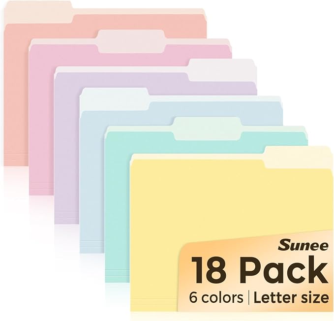 SUNEE File Folders, 18 Pack Manilla Folders 8.5 x 11, Colored File Folders Home Office School Supplies for Documents Files Paper, 6 Soft Colors
