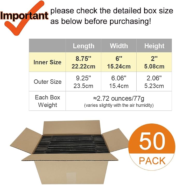 50 Pack 9x6x2'' Small Shipping Boxes, Corrugated Cardboard Mailers for Business, Black (CM962B)