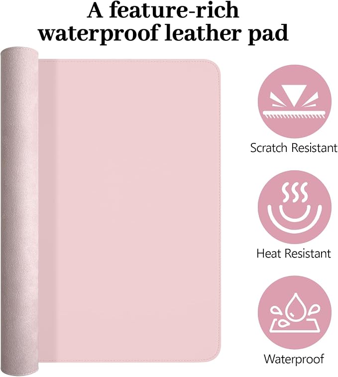 Pink Leather Desk Pad Large Mouse Pad, 23.6"x13.8" | Waterproof Desk Mat for Keyboard and Mouse, Non-Slip Computer Desk Protector, Smooth Mouse Control for Home Office