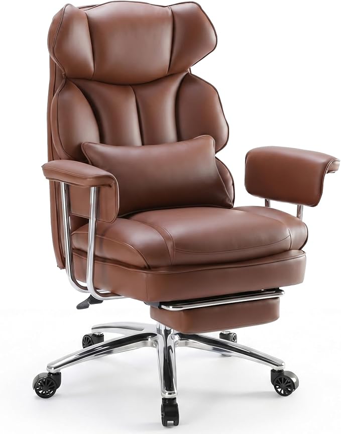 Sweetcrispy Executive Home Office Chair, Ergonomic Desk Chair | Big Tall High Back, Lumbar Support, Reclining Height Adjustable, PU Leather, Computer Gaming, Footrest Swivel Wheels, Brown