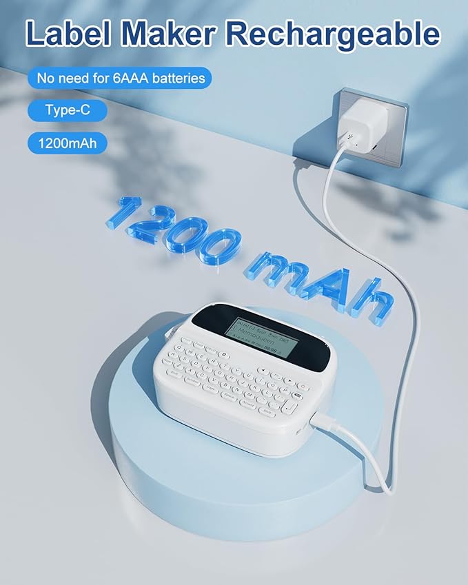 Memoqueen Label Maker, Label Maker Waterproof-Labels,Rechargeable Bluetooth Labeler with Backlit LCD, Multi-Symbol Icon Style Template Desktop Label Machine Widely Used in Office, Home,School