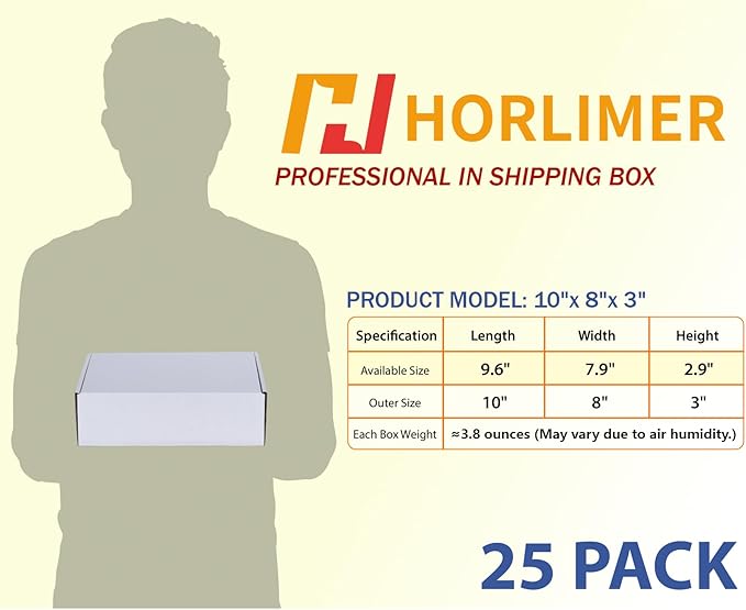HORLIMER 10x8x3 inches Shipping Boxes Set of 25, White Corrugated Cardboard Box Literature Mailer, 25 Stickers Included