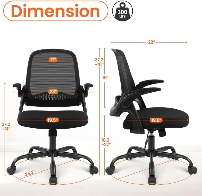 NEO CHAIR Office Computer Chair Ergonomic Mesh Back Flip-Up Arms, Black | Lumbar Support, Smooth-Rolling Casters, Height Adjustable Seat, Comfortable Seating for Office, Study and Computer Work