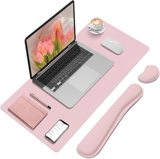 Desk Mat Set， Wrist Rest for Computer Keyboard, 3-in-1 Large Mouse Pad and Keyboard Wrist Rest Set, Non-Slip Desk Mat Protector for Office, Home(27.5×13.8 Inches, Pink)