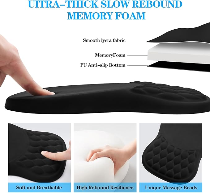 Ergonomic Mouse Pad with Wrist Support, Memory Foam Mousepad with Massage Design, Wrist Rest Mouse Pads for Carpal Tunnel Pain Relief, Non-Slip PU Base for Office Desk/Gaming (Black)