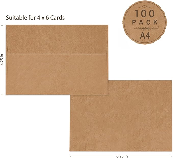 A4 Brown Kraft 4x6 Envelopes Self Seal 100 Pack, Goefun 4.25 x 6.25 Printable Greeting Card Envelopes for Card Making, Photos, Invitations, Weddings, Graduation, Baby Shower, 120 GSM
