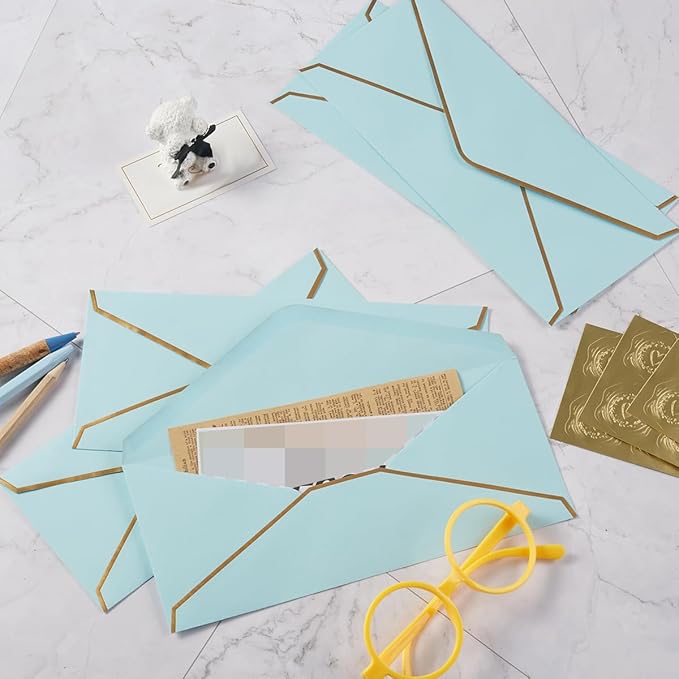 50 Pack #10 Business Envelopes with Gold Border, Self Seal Standard Envelopes with Gold Stickers for Office, Checks, Letter Mailing, Invoices, 4 1/8 x 9 1/2 Inches (Light Blue)
