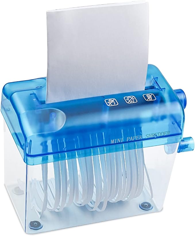 JIKIOU Mini Hand Shredder Portable Paper Shredder for Office Home Blue | Affordable, Non-slip, Information High Security, Desktop Size, 1L Clear Plastic Window, No Power and Easy to Use for Gift