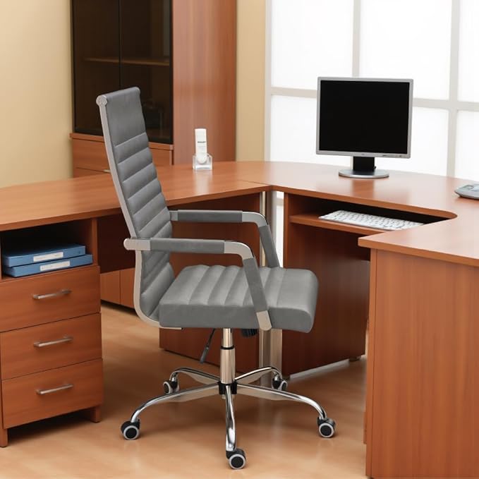 Furmax Ergonomic Office Desk Chair, Executive Ribbed Mid-Back PU Leather Conference Room Chair Adjustable Swivel Chair with Arms (1, Bicolor Vintage Grey)