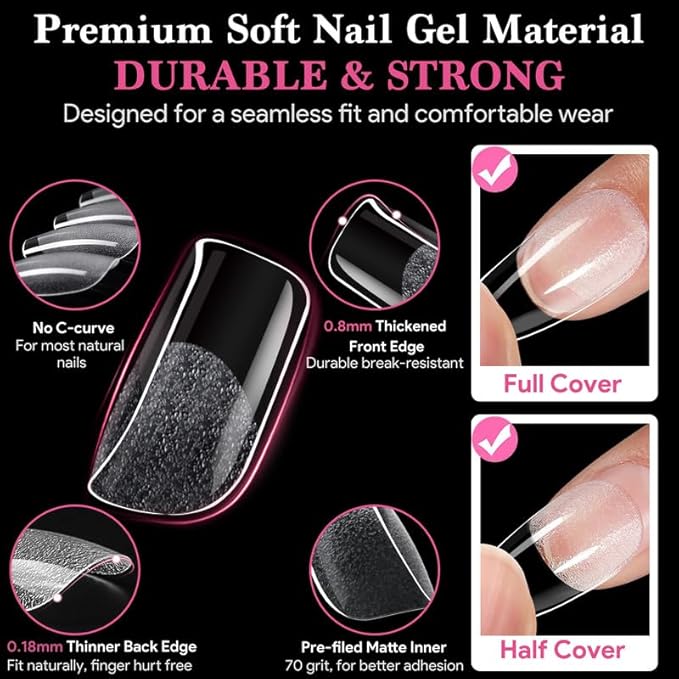 Short Square False Nail Tips, 15 Sizes 510 PCS Clear French Press On Fake Nail Soft Pre-shaped Half Matte Full Cover Gel Nail Tips Extensions Thick Long Lasting for DIY Beginners & Salon Manicure