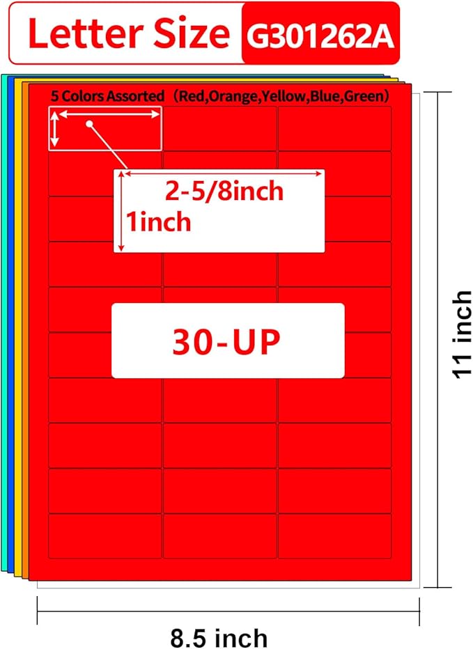 Colored Address Labels Printable 1”×2-5/8", 5 Fluorescent Colors Assorted,Neon Color Mailing Labels for Inkjet & Laser Printer, Strong Adhesive,25 Sheets 750 Stickers