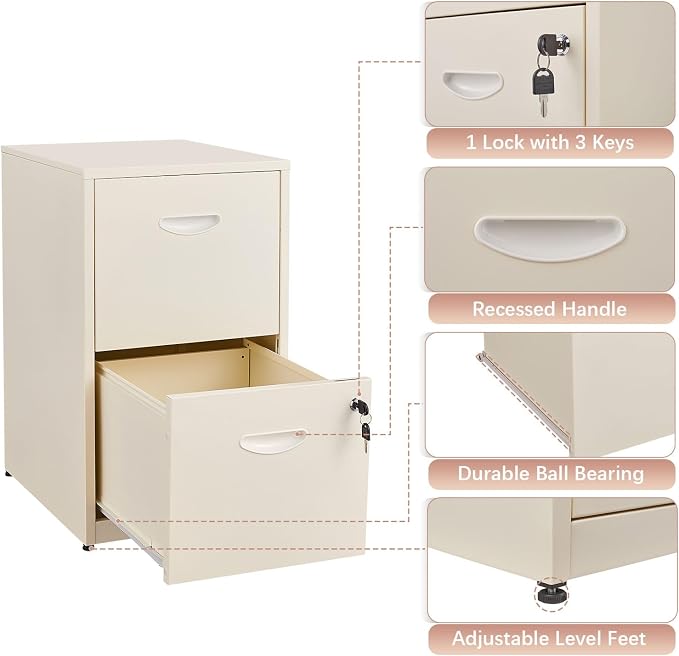 Polup 2 Drawer File Cabinet with Lock, Metal Filing Cabinet for Home Office | Small Locking Cabinet for Under Desk Storage, Printer Stand, Fits Letter Size, Cream, 26"H x 15"W x 18"D, Easy Assembly