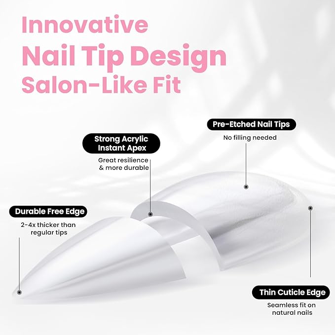Beetles Tipex Instant Apex Nail Tips Kit with Dehydrator & Primer, Medium Almond, 224PCS 16 Sizes, Reinforced Apex for Strong Long-Lasting Wear, 20g Solid Nail Glue, Mini UV Lamp, Base & Top Coat