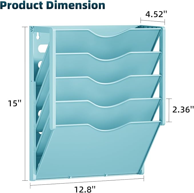 Marbrasse 5 Tier Wall File Organizer, Plastic Hanging File Holder for Mail, Magazines Paper Organizer Wall Mounted for Office Home (Blue)