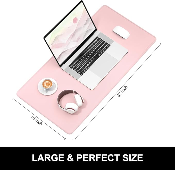 Hsurbtra Desk Pad, 32" x 16" Premium-Textured Desk Mat, Stitched Edge Anti-Slip Waterproof Rubber Mouse Pad, L Extended Computer Mat for Office Gaming Laptop Keyboard Pink