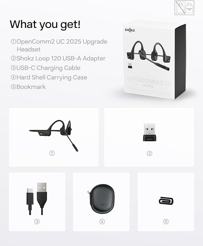 SHOKZ OpenComm2 UC 2025 Upgrade - Open-Ear Wireless Computer Headset with Boom Mic, Bone Conduction Bluetooth Stereo Headphones, USB-A Dongle Compatible with PC and Mac, Zoom Certified - C120UC