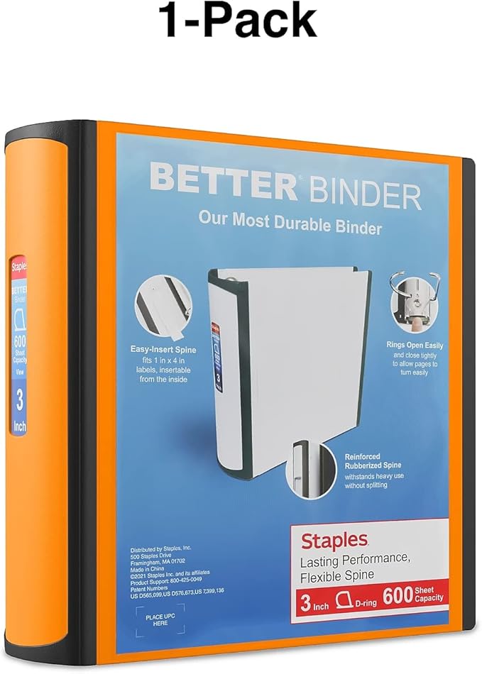 Staples 3" D‑Ring Heavy‑Duty View Binder, Orange, Durable 3‑Ring Binder with Reinforced Construction, Holds Up to 600 Sheets for School & Office