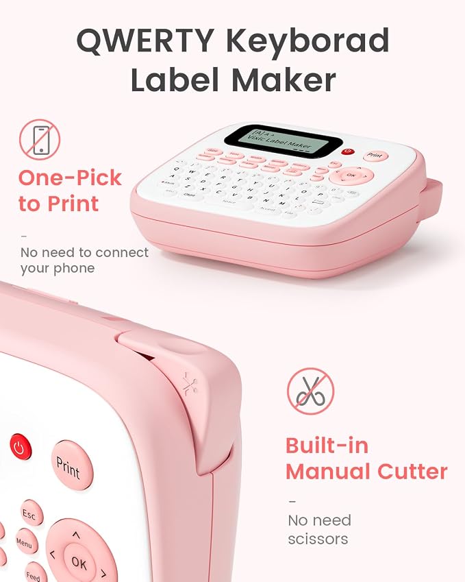 Vixic Pink Label Maker, D210S Label Maker Machine with Tapes Waterproof | Handheld Labeler Machine with Keyboard, Multiple Fonts Icons Frames for Home Kids School Items Classroom Office Organization