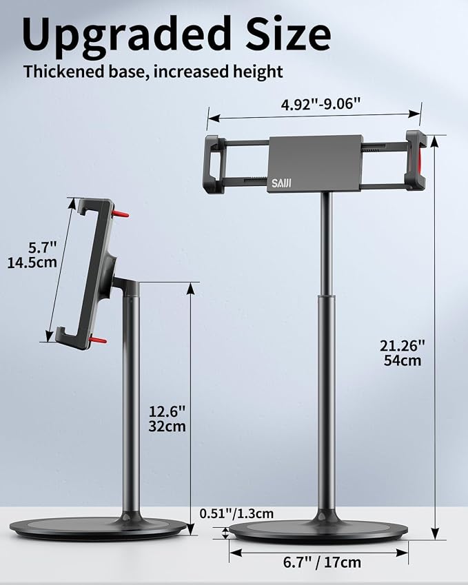 SAIJI iPad Stand for Desk - Height Adjustable & Weighted Base Phone Holder | Aluminum Stand with a 360° Rotating Clamp, Extra Tall, for iPad Air/Pro iPhone & Portable Monitor, Fits 4.7"–15.6" Screens
