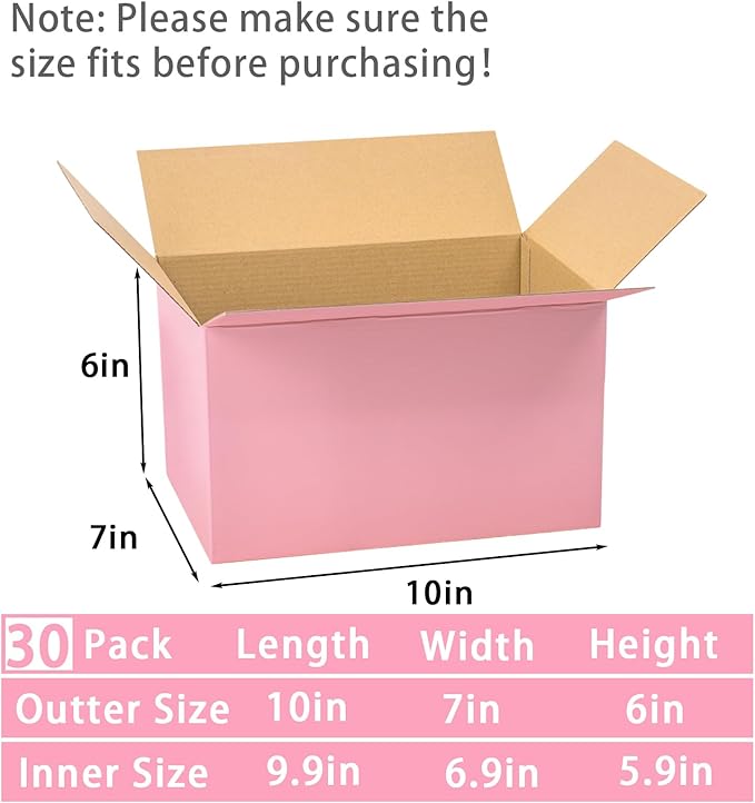 Pink Shipping Boxes Medium 10x7x6 Inches, 30 Pack Corrugated Cardboard Boxes for Packaging Small Business Mailing