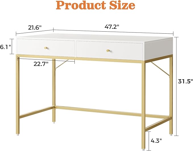 SUPERJARE Vanity Desk with Drawers, 47 inch Computer Desk, Modern Simple Home Office Desks, Makeup Dressing Table for Bedroom - White and Gold