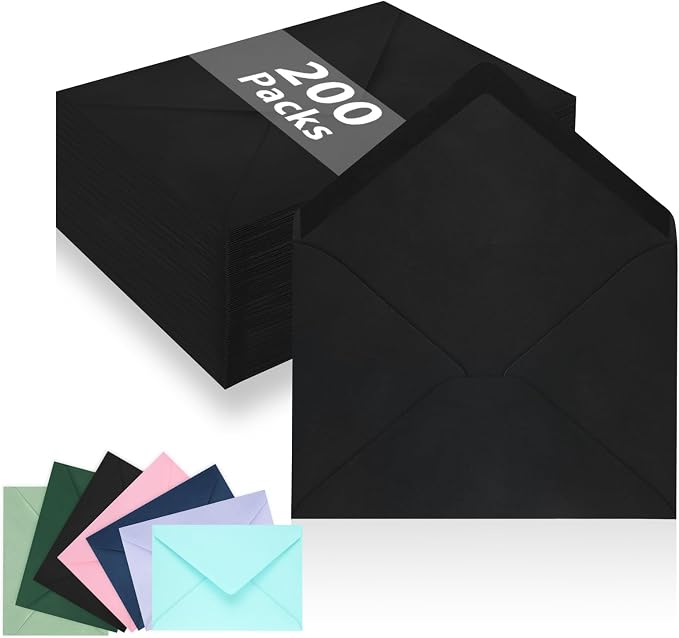 200 Pack A7 Envelopes, Black Greeting Card Envelopes Self Seal, 5.24 x 7.24 in Envelopes for Birthday Graduation Halloween Baby Shower Wedding Invitation Cards