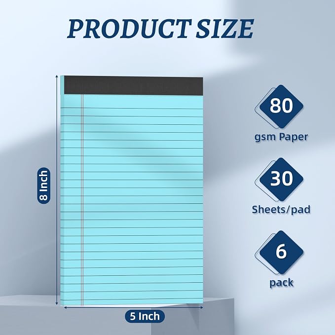 6 Pack 5 x 8 Inch Blue Legal Pads, Double-Sided Lined Notepads with Hard Backing for Office, School & Home, Thick Perforated No-Bleed Paper for Students, Teachers & Professionals