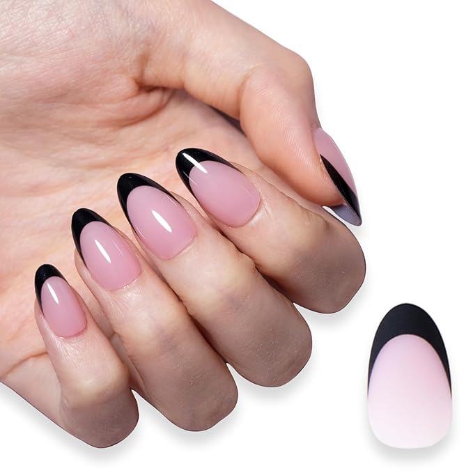 SXC Cosmetics French Tip Press On Nails 150 Pieces in 15 Sizes Ultra Fit with Pre-applied Tip Primer and Base Coat, No Need to File Fake Nails for Nail Art DIY X-Pro Tips (BLACK114-S Almond)