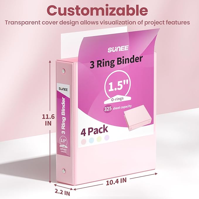 SUNEE 1.5 Inch Binders 3 Ring 4 Pack, Clear View 1 1/2 Inch Binders Three Ring PVC-Free (Fit 8.5x11 Inches) for School or Office Supplies, Pink
