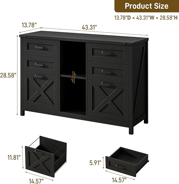 Halitaa Farmhouse Lateral File Cabinet with 6 Drawers, Rustic Black | Lateral Filing Cabinet for Letter/A4 Size Hanging File, Wood File Storage Cabinet Printer Stand for Home Office Cabinet