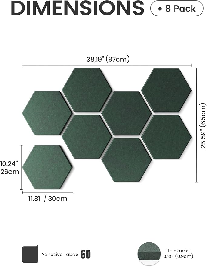 Fluxynara 8-Pack Hexagon Felt Bulletin Board Tiles, Pine Green-1 | Cork Board Alternative with 50 Adhesive Tabs for Notes, Photos and Reminders in Home Offices, Dorm and Classrooms