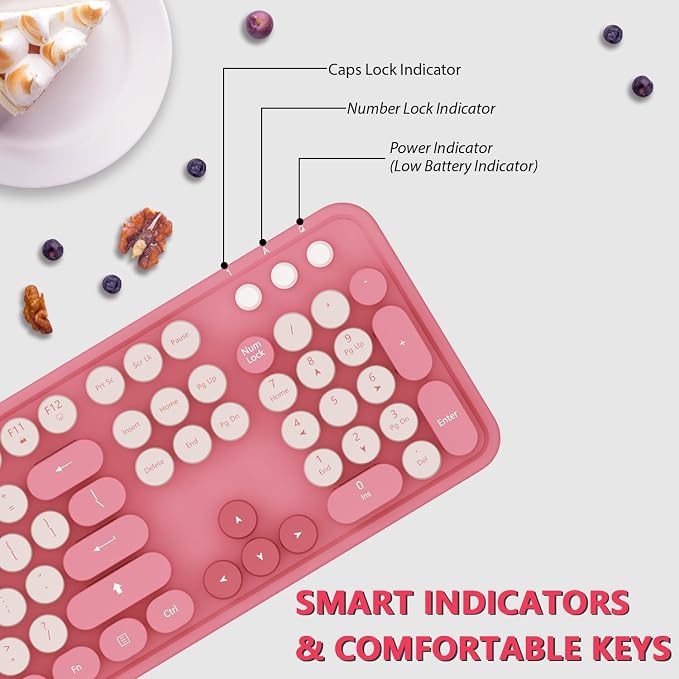 Colorful Wireless Keyboard and Mouse for PC Laptop | Cute Colorful Typewriter Retro Round Keyboard and mouse for PC Laptop