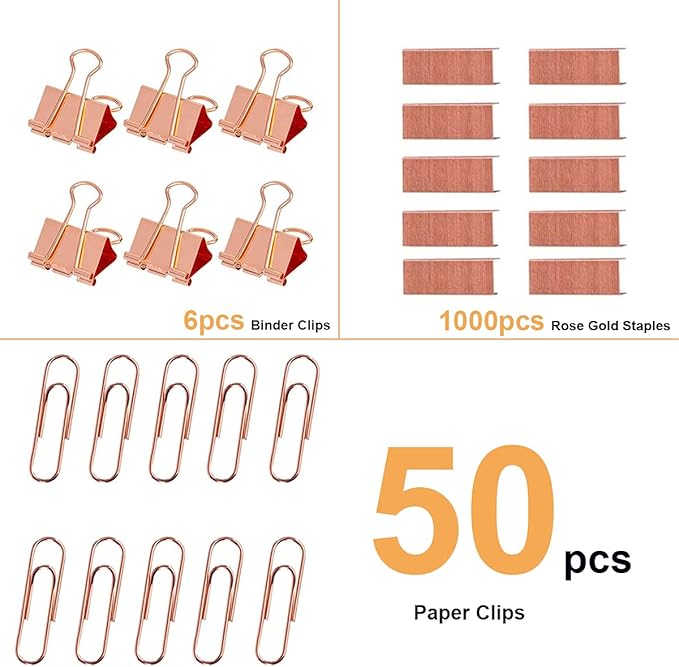 Acrylic Desktop Stapler with 1000 26/6 Staples, 6 Binder Clips & 50 Paper Clips, Desk Accessory Kit for Home Office School (Rose Gold)