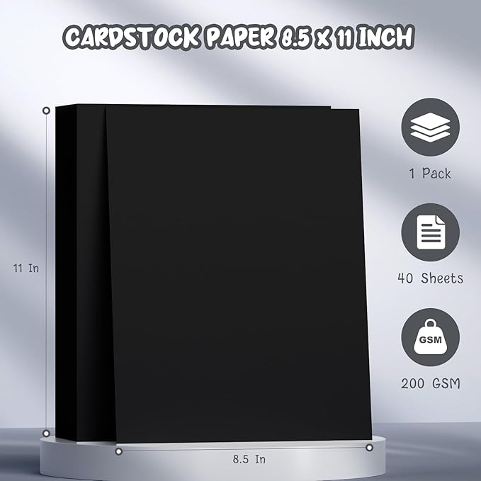 40 Sheets Black Cardstock 8.5 x 11, Thick Card Stock Paper, Cardstock Printer Paper 8.5 x 11, 200 GSM Construction Paper 8 1/2 x 11, Black Card Stock for DIY Cards, Invitations, Business Cards