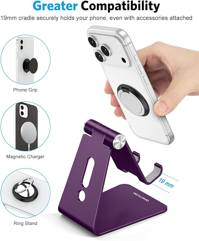 OMOTON C2 Adjustable Cell Phone Stand with Charging Cutout, Deep Purple | Sturdy 3mm Aluminum, Charging Port, 270° Adjustable, Non-Slip Silicone Pads, Works with Thick Cases, for All Smartphones