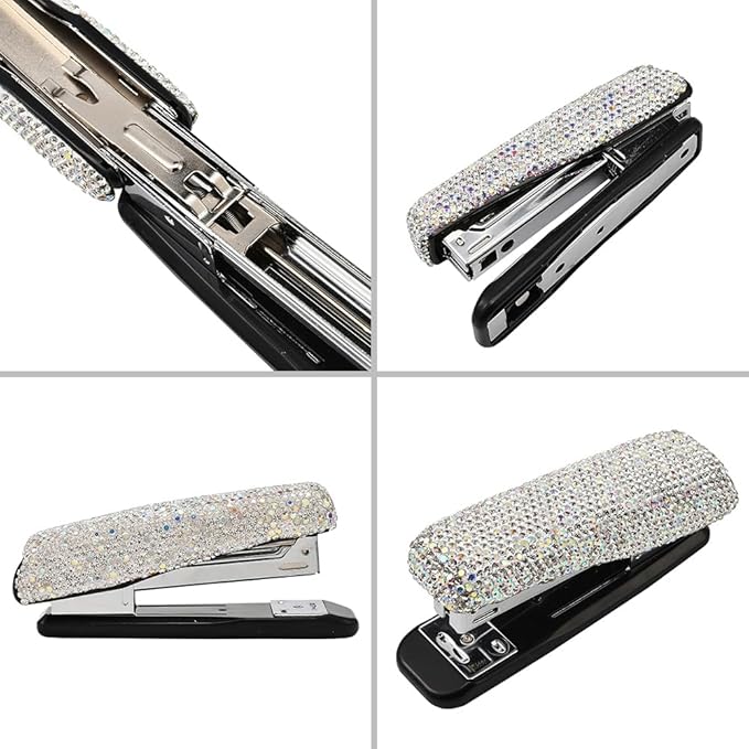Bling Rhinestone Stapler, Sparkly Diamond Staplers, Cute Desk Stapler for Women & Girls, Bling Crystal Machine Pretty Office Stationery Kit (Clear with AB Color Plated, Large)