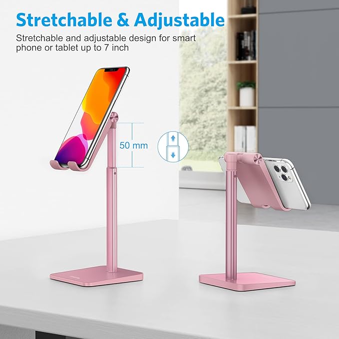 OMOTON Cell Phone Stand, Adjustable Angle Height Desk Phone Dock Holder for iPhone Air/17 Pro Max / 11 Pro/XS Max/XR, Samsung Galaxy S20 / S10 / S9 / S8 and Other Phones (3.5-7.0-Inch), Rose Gold