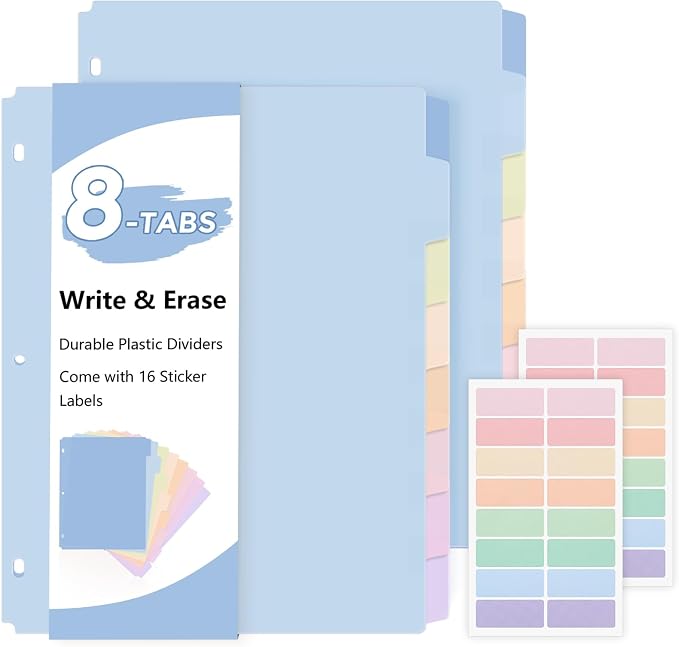 SKYDUE 8-Tab Write&Erase Plastic Dividers for 3 Ring Binder, 2sets | Binder Dividers for Letter Size,with Sticker Labels,Divider Organizers for Student, Teacher, Pastels School Supplies