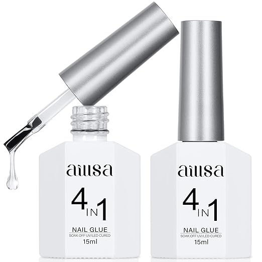 AILLSA 2PCS Gel Nail Glue for Acrylic Nails, 4 in 1 Super Strong Nail Gel Glues for False Nail Tips U V Curing Needed, 15ml High Capacity Gel Extension Brush On Nail for Rhinestone Pearl Foil