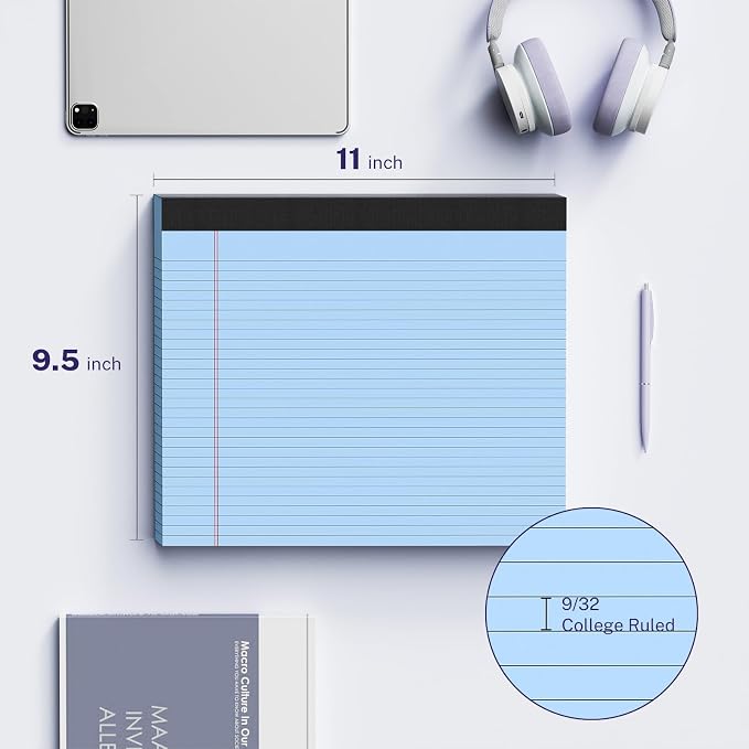 AILZFEI 3 Pack Wide Legal Pads 11" x 9.5" (Landscape Format) Blue College Ruled Note Pad Narrow Ruled 30 Sheets per Notepad Perforated Writing Paper with Thick Backboard Horizontal Pads of Paper