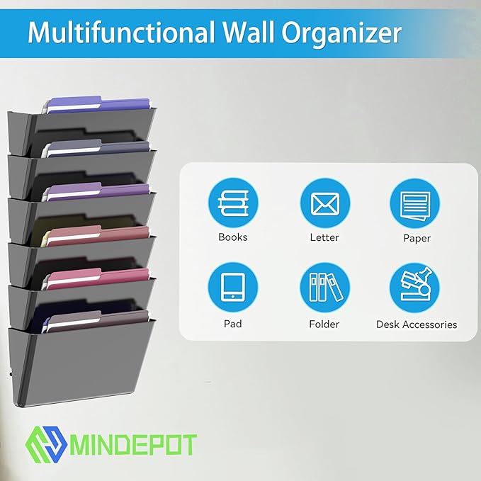 MINDEPOT 6 Pockets Acrylic Wall File Organizer, Wall File Holder Black | Single Wall File Organizer, Save Space, Sturdy Acrylic Material, Black File Holder for Office Home