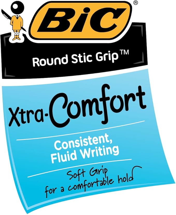 BIC Round Stic Grip Xtra Comfort Blue Ballpoint Pens, Medium Point (1.2mm), Excellent Writing Pens With Soft Grip for Superb Comfort and Control, 12 Count (Pack of 2)