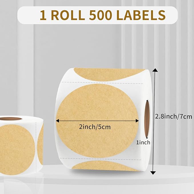 Thermal Labels,2 Inch Kraft Paper Color Round Thermal Printer Stickers,Self-Adhesive Round Direct Thermal Labels,Thermal Stickers for DIY Logo Design,Name Tag (500/Roll