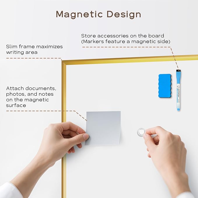 Large Magnetic Whiteboard, 48" x 36" Dry Erase White Board for Wall | Gold Aluminum Frame, Easy to Write and Erase, Wall Mounted, Presentation Board, for Home, Office, School, Kitchen