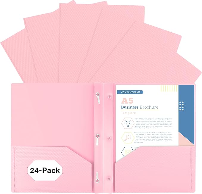 24-Pack Plastic andPockets and Prongs,2-Pocket and3 Fasteners, Pastel Folders Holds US Letter Size Paper for School/Office/Home, Pink