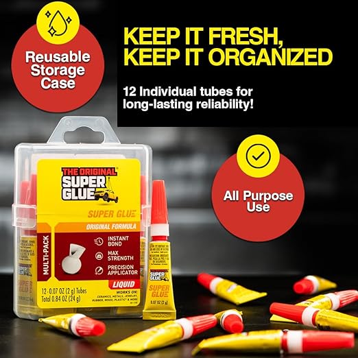 Super Glue Liquid, 2 Gram Tubes, 12-Pack, Clear, Instant Bonding, Fast Dry, Cyanoacrylate Adhesive, Precision Tip for Wood, Metal, Plastic, Crafts, Ceramic, and Toy Repairs