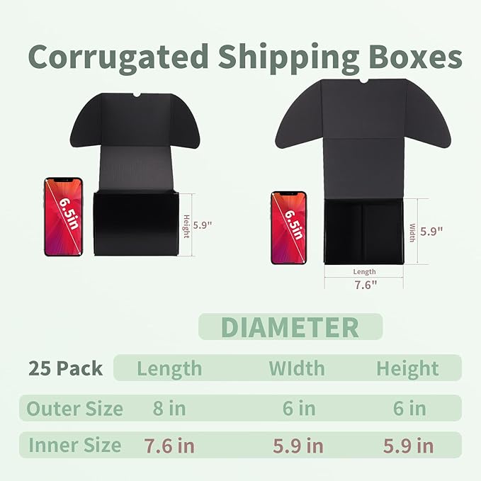 Rempry 8x6x6 Inches Black Small Shipping Boxes Pack of 25, Cardboard Corrugated Mailer Boxes for Packaging Small Business, Black Gift Boxes for Mailing Present